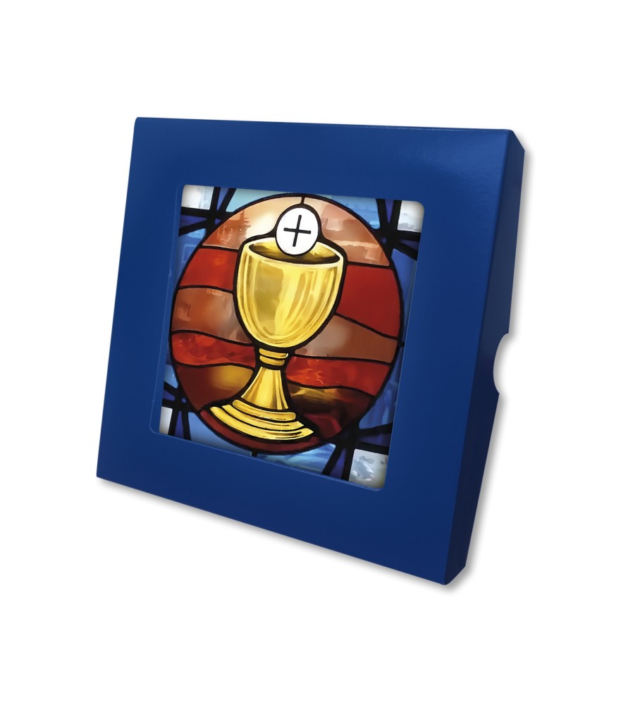 Piastrella con raffigurazione della simbologia eucaristica di Prima Comunione f.to 10 x 10 cm con scatola regalo