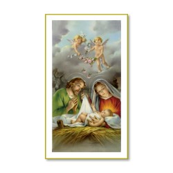 Santino con cornice bianca e bordino dorato della Natività con angeli