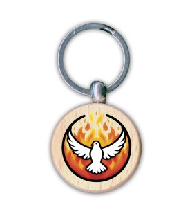 Portachiavi rotondo in legno raffigurante la colomba dello Spirito Santo