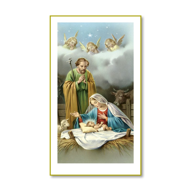 Santino con cornice bianca e bordino dorato della Natività con angeli Santino con cornice bianca e bordino dorato della Natività con angeli