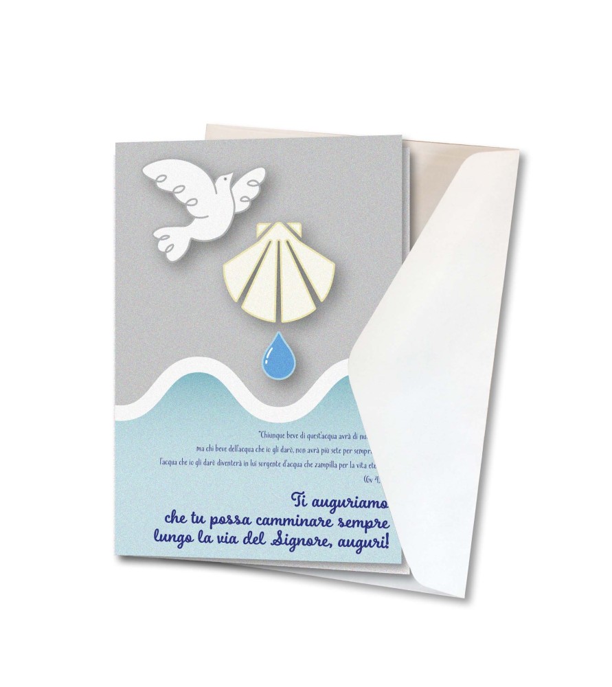 Biglietto con simbologia di Battesimo in carta perlata con busta
