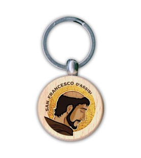 Portachiavi rotondo in legno raffigurante San Francesco f.to 4 x 4 cm