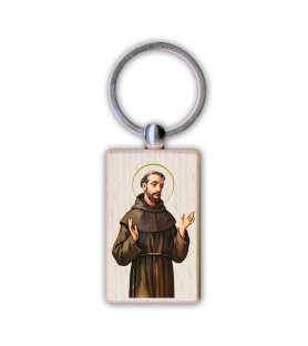 Portachiavi rettangolare in legno raffigurante San Francesco f.to 3 x 5 cm