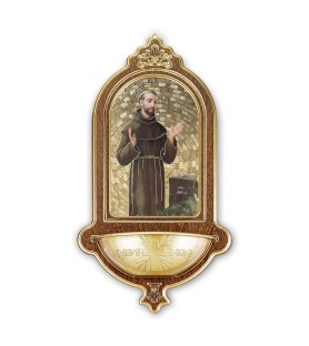 Acquasantiera in legno con dettagli in oro a caldo di San Francesco f.to 13,9 x 25,4 cm