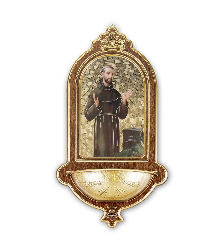Acquasantiera in legno con dettagli in oro a caldo di San Francesco f.to 13,9 x 25,4 cm