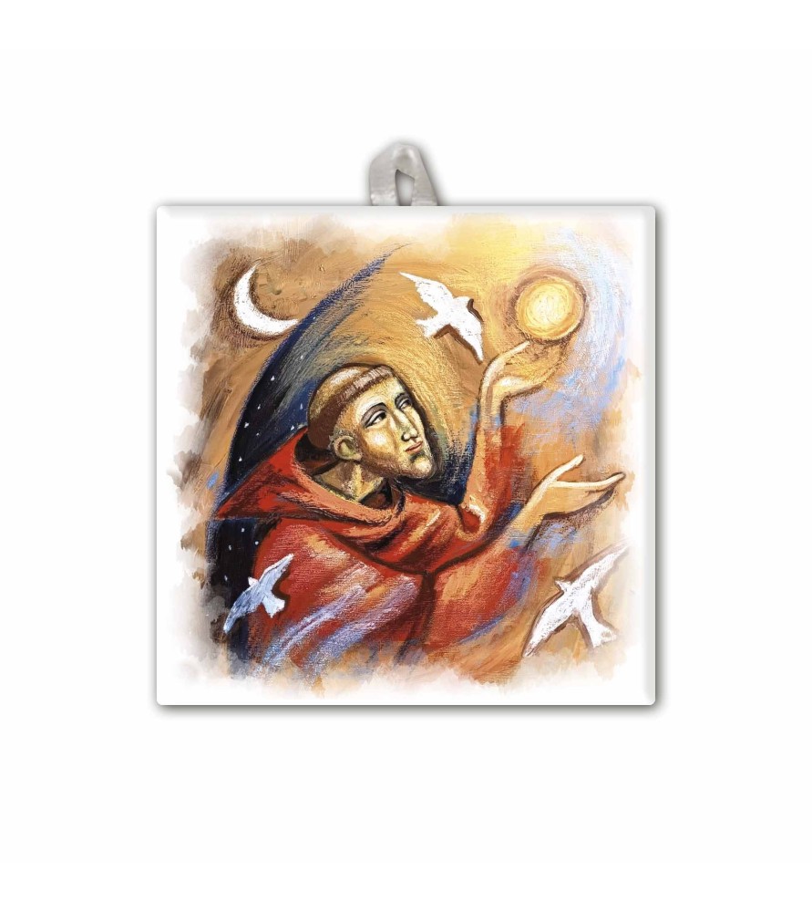 Piastrella raffigurante San Francesco f.to 10 x 10 cm con occhiello in raso