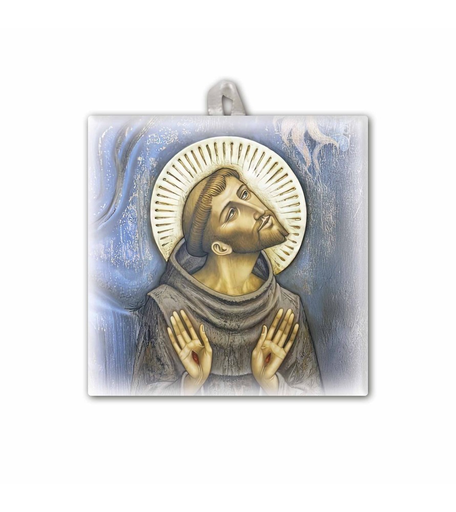Piastrella raffigurante San Francesco f.to 10 x 10 cm con occhiello in raso