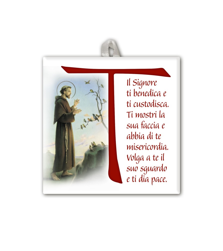 Piastrella raffigurante San Francesco con croce Tau f.to 10 x 10 cm con occhiello in raso