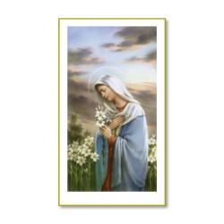Santino con cornice bianca e bordino dorato della Madonna in preghiera con gigli