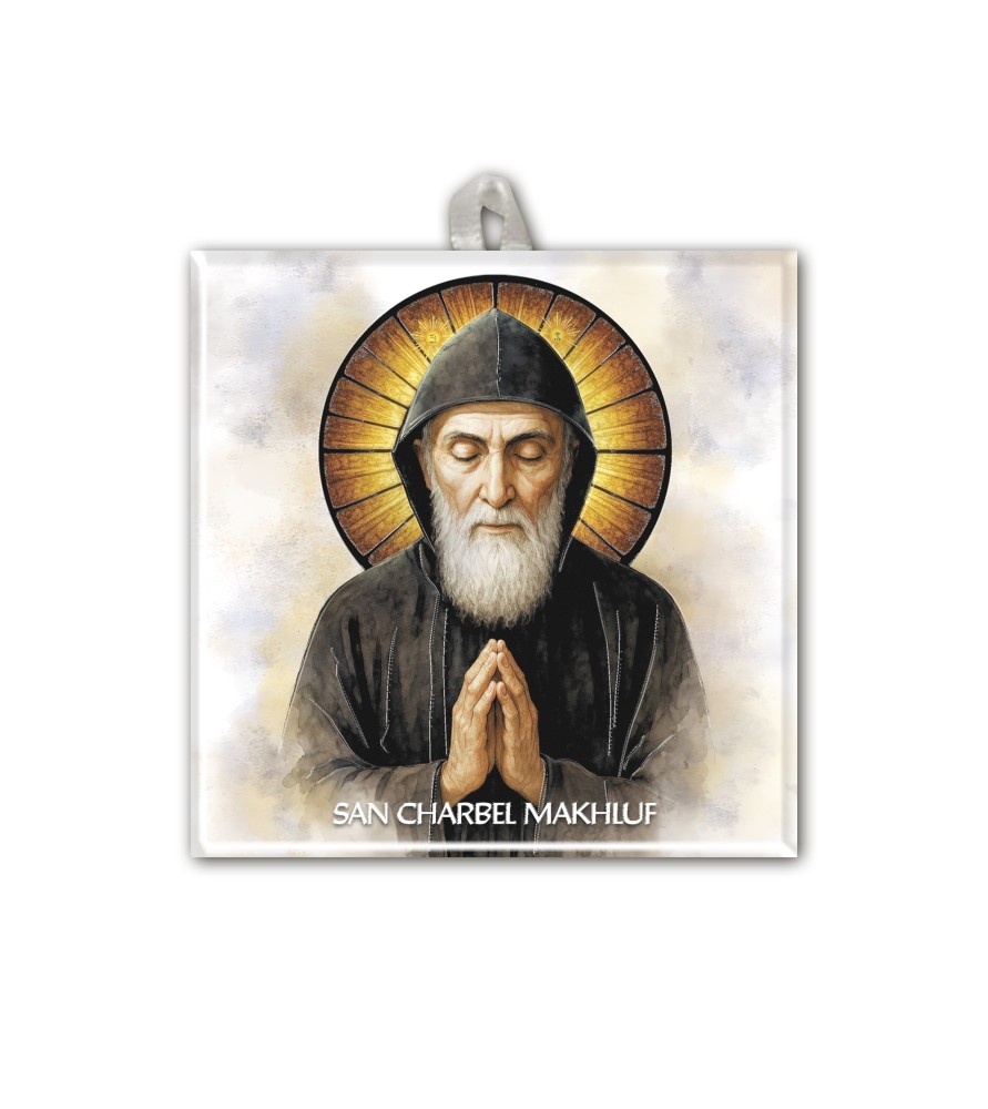 Piastrella raffigurante San Charbel Makhluf f.to 10 x 10 cm con occhiello in raso