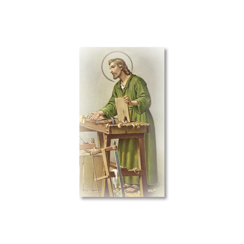 Santino San Giuseppe al banco di lavoro con preghiera Santino San Giuseppe al banco di lavoro con preghiera