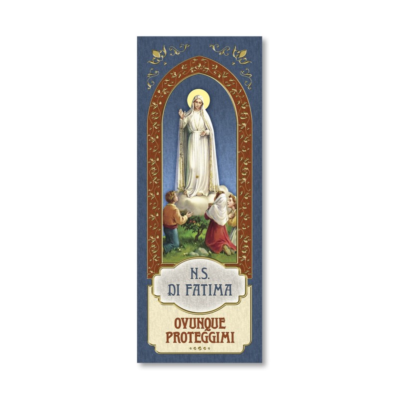 Segnalibro con cornice in oro a caldo della Madonna di Fatima con preghiera a retro Segnalibro con cornice in oro a caldo della Madonna di Fatima con preghiera a retro